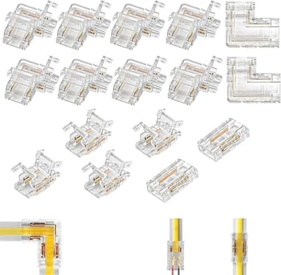 L-vormige LED Strip Connectoren Set, 10 Hoekconnectoren en 6 Duidelijke Center Connectoren voor 8mm 2-Pin LED Strips, Solderless en Eenvoudige Installatie