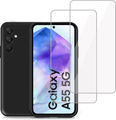 Geschikt voor Samsung Galaxy A55 - Hoesje + 2x Screenprotector – Gehard Glas Cover - Suède Case Zwart