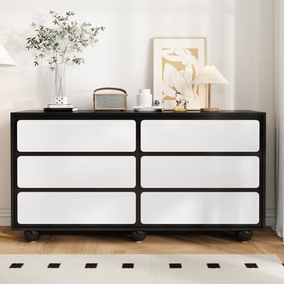 REDOM - Ladekast - 6 Laden - Afgeronde Laden - Modern - Voor Woonkamer - Spaanplaat - Wit En Zwart - 140 X 38 X 74,5 Cm
