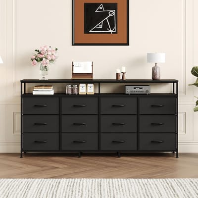 Ladekast - Lange Dresser TV-Meubel met 12 Laden en Open Planken - 160 cm Breed - Multifunctionele Opbergkast voor Slaapkamer en Woonkamer - Stevig Stalen Frame - Industrieel Design
