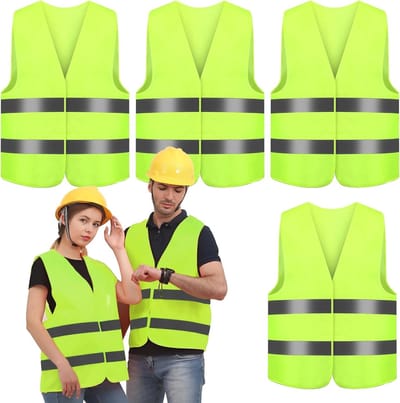 Set van 4 Veiligheidsvesten, Hoge Zichtbaarheid, Geel Reflecterend, Ideaal voor Werkers, Chauffeurs en Hulpdiensten