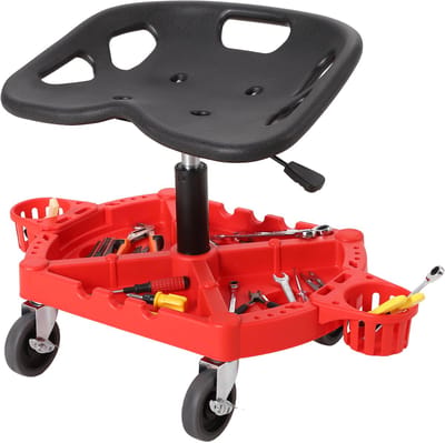 Rolstoel Voor Monteurs, Met Kussen En Gereedschapbak, 136kg Draagvermogen, 48-63,5cm H, 10 cm Wielen, Rood