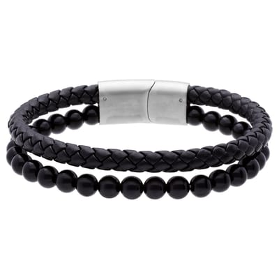 Lucardi - Heren Stainless steel kralenarmband zwart agaat - Armband - Staal - Zilverkleurig - 19 cm
