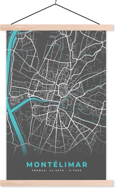 Posterhanger incl. Poster 40x60 cm - Schoolplaat - Montélimar - Frankrijk - Stadskaart - Kaart - Plattegrond - Textielposter - Blanke latten - Stadskaart