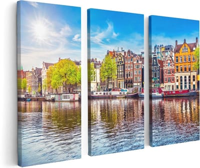 Artaza Canvas Schilderij Drieluik Amsterdamse Huisjes Aan Het Water - 120x80 cm - Wanddecoratie Woonkamer - Schilderijen - Muurdecoratie