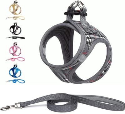 Famanu – Hondentuig voor kleine honden met riem - anti-trektuig Reflecterend ademend borsttuig - puppytuig voor kleine - middelgrote honden (M - Grijs geruit)