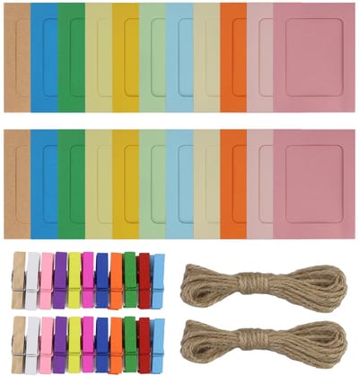 Dailygoods- Fotolijsten 20 stuks - Papieren Fotolijsten 11,5x15,5 cm - DIY Fotolijst met Houten Klemmen - Henneptouw - Veelkleurig - Lichtgewicht en Duurzaam