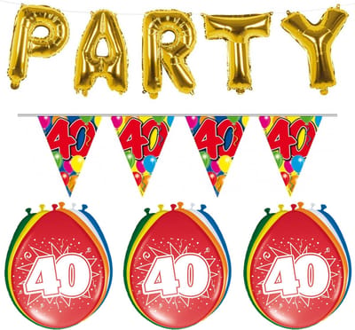 Folat - Verjaardag feestversiering 40 jaar PARTY letters en 16x ballonnen met 2x plastic vlaggetjes