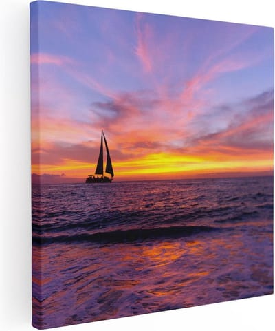 Artaza Canvas Schilderij Zonsondergang Zee - 30x30 cm - Klein - Wanddecoratie Strand - Muurdecoratie Zeilboot - Kamer Accessoires Woonkamer