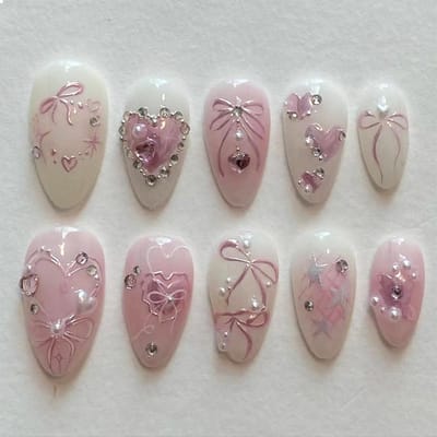Dailygoods- Valse Nagels 24 Stuks - Roze Amandelvorm - Franse Tip - 3D-Hart en Parels - Zelfklevende Kunstnagels - Inclusief Nagelvijl en Gelhaken