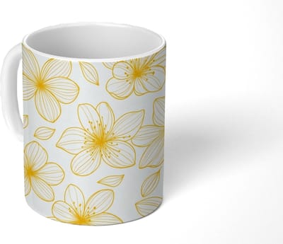 Mok - Koffiemok - Bloemen - Patroon - Illustratie - Geel - Mokken - 350 ML - Beker - Koffiemokken - Theemok