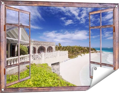 Gards Tuinposter Doorkijk Het Strandhuis - 90x60 cm - Tuindoek - Tuindecoratie - Wanddecoratie buiten - Tuinschilderij