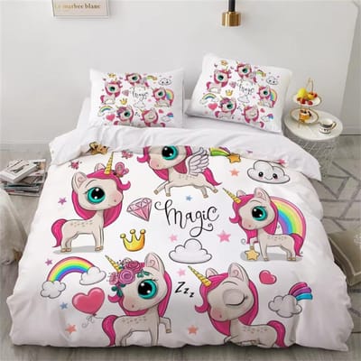 Kinder Beddengoed Sets Cadeaus Eenhoorn en Kleurrijk Paard Print Dekbedovertrek Sets voor Kinderen Meisjes Jongens 2/3 Stuks Eenpersoons Roze Dekbedden EU SK 260x220cm