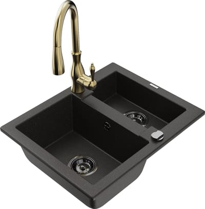 Mexen Carlos granieten gootsteen 1,5-komor met keukenmengkraan Savita, zwart/goud metallic - 6518-75-672601-50-B
