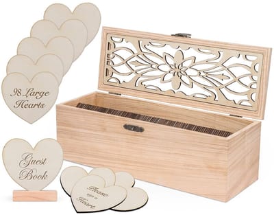 Gastenboek Doos - Houten Hartjes - Herinneringen Bewaren - Rustiek Design - 98 Harten - Natuurlijk Hout