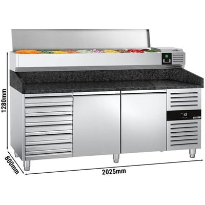 GGM Gastro Pizzakühltisch PREMIUM - 2000x800mm - mit 2 Türen & 7 Schubladen - inkl. Kühlaufsatzvitrine - 10x GN 1/4 Zilver