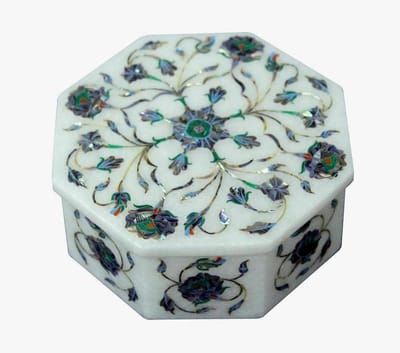 Marmeren Sieradendoos - Opbergdoos Juwelen - Sieraden Opbergen - Handgemaakt Inlay Kunst - 10 x 10cm - Wit