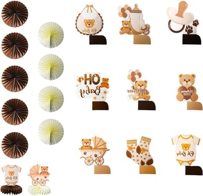 9-delige Beren Babyshower Decoraties met Honingraat Centerpieces voor Tafel, Feestversiering voor Verjaardagsfeestjes en Gender Reveal Partijen
