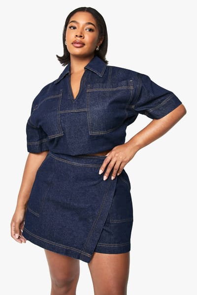boohoo Dames Plus Denim Wrap Skort | Indigo | Maat: 44