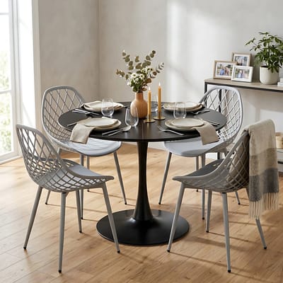 EGGREE eethoek - eettafel met 4 grijze stoelen - tafel Ø 100 cm - voor bar - café en eetkamer - zwarte tafel