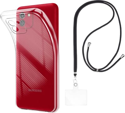 Set met hoesje en nekband voor Samsung Galaxy a03 - Flexibele, transparante TPU-bescherming, verstelbare universele nekband voor mobiele telefoons, zwarte nekband, transparante draagriem van Phonillico®