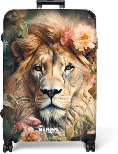 NoBoringSuitcases.com® - Koffer groot - Reiskoffer lichtgewicht - Leeuwenkop omringd door bloemen - Rolkoffer met 4 wielen - Grote trolley XL - 98 liter bagage