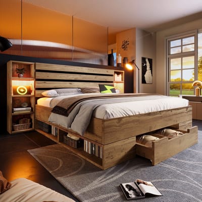 Bedframe 180x200 cm met opbergruimte, hoofdbord met USB-C aansluiting en lades, tweepersoonsbed met ledverlichting, massief hout, eiken(Matras niet inbegrepen)
