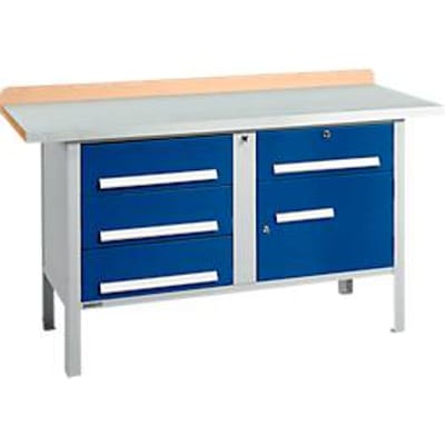 Box-type werkbank Schäfer Shop Select PWi 150-5, beuken multiplex blad, met stalen afdekking, tot 750 kg, B 1500 x D 700 x H 840 mm, gentiaanblauw
