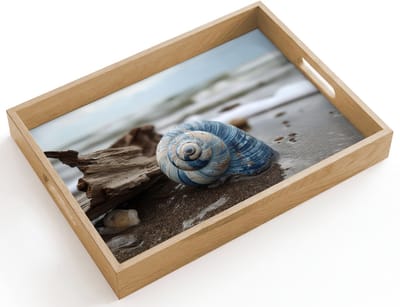 Dienblad hout 40x30 cm - Schootdienblad - Schelp - Strand - Blauw - Zee - Borrelplank rechthoek - Plateau dienbladen