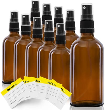 Oputec 10 x 100 ml sprayflessen – bruin glas met fijne verstuiver & etiketten – lekvrij & navulbaar
