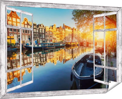 Gards Tuinposter Doorkijk Amsterdamse Gracht bij Zonsondergang - 180x120 cm - Tuindoek - Tuindecoratie - Wanddecoratie buiten - Tuinschilderij