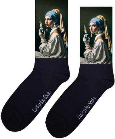 LuckyDay Socks - Kunstsokken Johannes Vermeer - Kunstenaar sokken - Meisje met de parel - Zuster - Verjaardag cadeau - Opkikker - Kunst sokken - Beterschap - Grappige sokken - Leuke dames en heren sokken - Moederdag - Vaderdag - Maat 37-44
