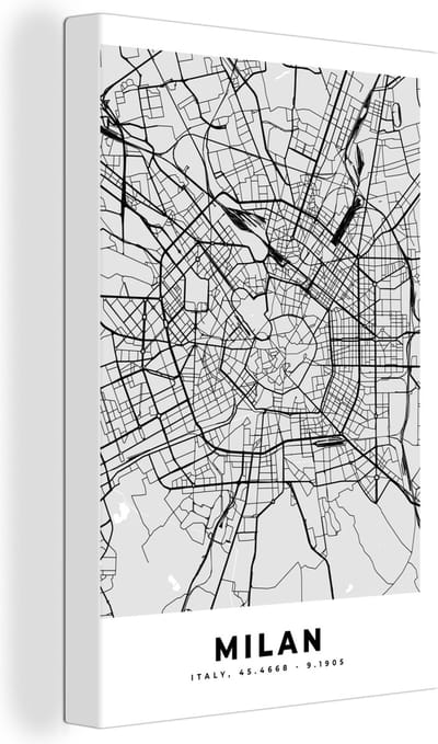 Canvas Schilderij Milaan - Stadskaart - Zwart Wit - Plattegrond - Kaart - 20x30 cm - Wanddecoratie
