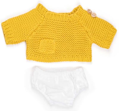 ML Poppen: KLEDIJ SET oker/wit voor jongen 32cm, 2-delig, truitje en broekje, met kleerhanger, 3+