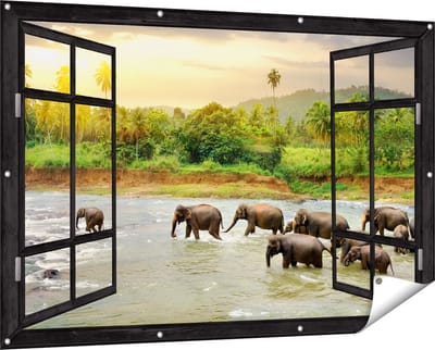 Gards Tuinposter Doorkijk Kudde Olifanten in het Water - 150x100 cm - Tuindoek - Tuindecoratie - Wanddecoratie buiten - Tuinschilderij