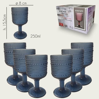 Arca Serenity Wijn/Waterglas op voet 250ml, blauw, set van 6 stuks, verpakt in een giftbox