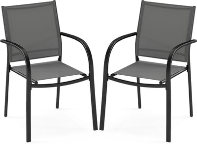 COSTWAY Tuinstoelen, stapelbaar, set van 2, stapelstoelen van textiel en metalen frame, terrasstoelen met armleuningen, balkonstoelen, belastbaar tot 150 kg, 61 x 58 x 85 cm, grijs