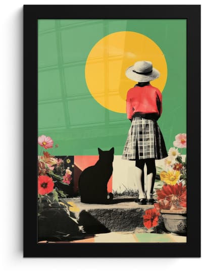 Poster in lijst - Fotolijst 20x30 cm - Posters - Retro - Meisje - Kat - Zon - Posterlijst zwart - Decoratie - Wanddecoratie woonkamer - Muurdecoratie slaapkamer