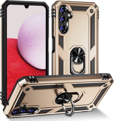 Casemania Hoesje Geschikt voor Samsung Galaxy A14 Goud - Anti-Shock Hybrid Armor Back Cover - Hoes met Kickstand Ring