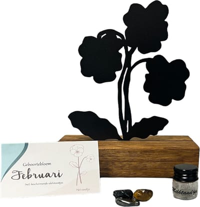 Kraamcadeau - babyshower - geboortebloem beeld Februari - Viooltje - mét tandendoosje / potje / haarlokpotje en beschermende edelsteentjes - metaal in houten sokkel - uniek design