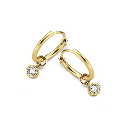 New Bling 9NBG-0610 Gouden Oorringen met Zirkonia Hangertje - 11x1,2mm - Wit - 3,5mm - 14 Karaat - Goud