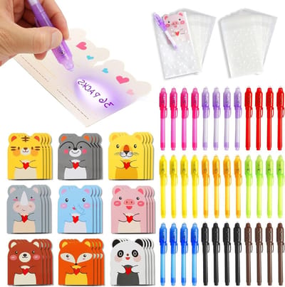 36 Stuks Onzichtbare Inktpennen met Schattige Dierenkaarten en Cadeautassen, UV Licht Spionagepennen, Feestzakjes Voor Jongens en Meisjes, Magische Geheime Berichtenpennen