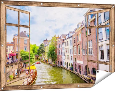 Gards Tuinposter Doorkijk Huizen aan de Oudegracht in Utrecht - 120x80 cm - Tuindoek - Tuindecoratie - Wanddecoratie buiten - Tuinschilderij