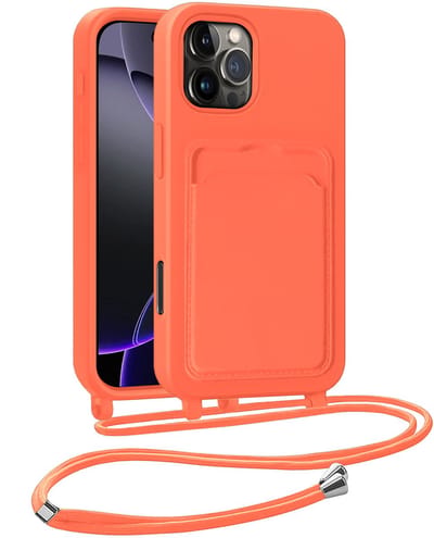 Hoesje Geschikt voor iPhone 16 Pro Hoesje Met Telefoonkoord en Pasjeshouder Siliconen - Hoes Geschikt voor iPhone 16 Pro Hoesje Met Kaarthouder Case - Papaya