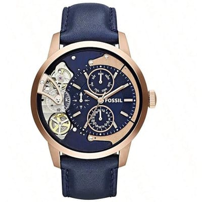 Montre Fossil pour Homme à Quartz, Bracelet en Cuir, 3 Aiguilles, Boîtier en Acier Inoxydable et Verre Résistant aux Rayures, ME1138 bleu