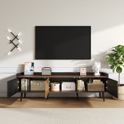TV-meubel 160 x 39 x 49 -5 cm - drie-deurs onderkast - compacte structuur - zwart en natuurlijk houtnerf afwerking