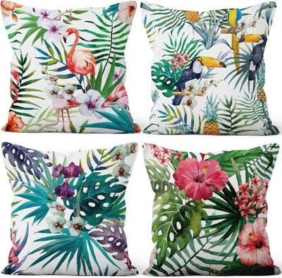 Omgoods - Set van 4 Sierkussens met Tropisch Flamingo en Bladpatroon