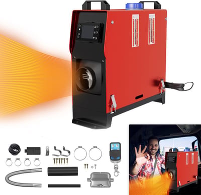 LZQ 12V Diesel Luchtverwarmer Standverwarming Diesel 8KW Lucht Diesel Standverwarmer Verwarming Auto Verwarming Dieselverwarmer Met Afstandsbediening LCD & Luchtuitlaat Voor Vrachtwagen Campers Auto RV (Rood + Zwart LCD)