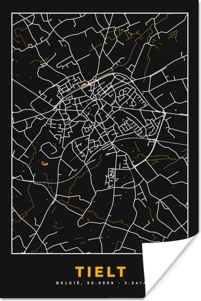 Poster Stadskaart - Kaart - Tielt - Goud - Plattegrond - 120x180 cm XXL