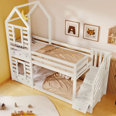 MEUNIQ Kinder stapelbed 90x200 cm in boomhutstijl met opberglades, trap met opbergruimte, uitvalbeveiliging en 2 lattenbodems voor de kinderkamer - wit